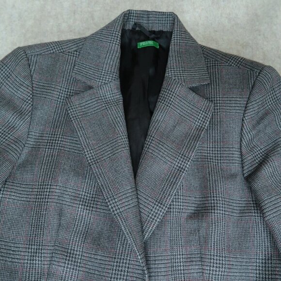 VTG OF Benetton Wool Tweed Blazer Gray Plaid Shoulder Pads Women's Italy 38 US 4 - Picture 2 of 11